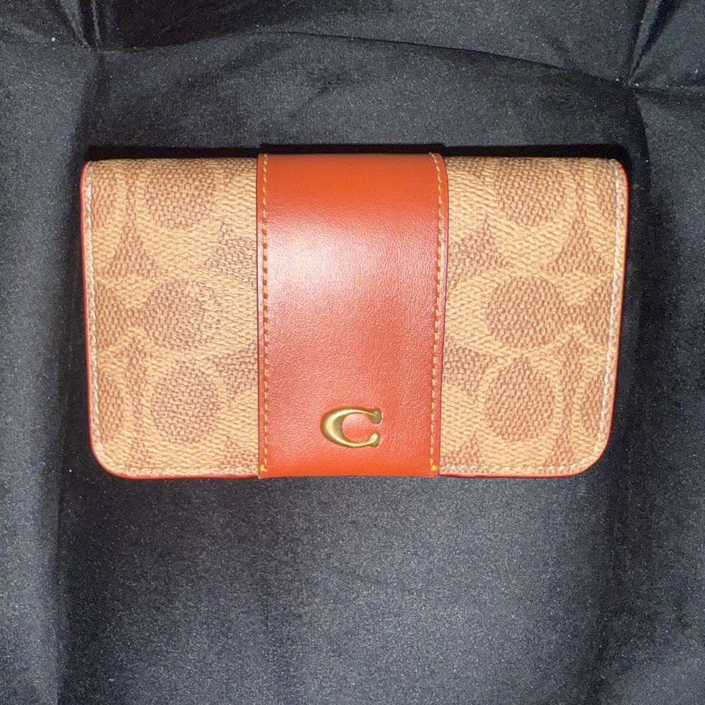 Coach Tan and Brown Signature Wallet with Vertical Stripe